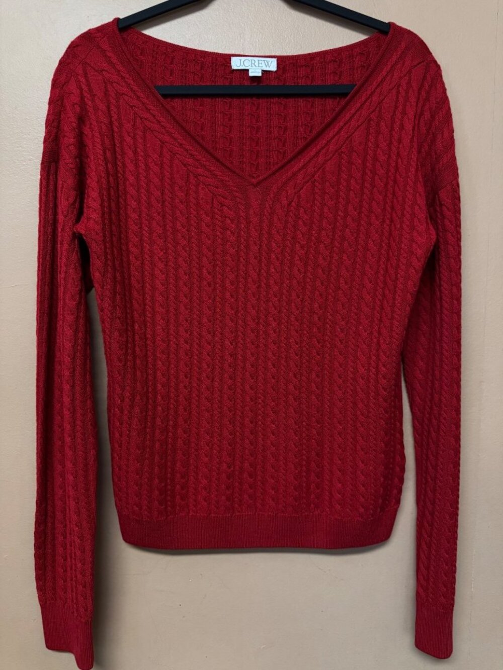J.Crew 100% Merino Wool Cable Knit Wide V Neck Sweater Cherry Red Large Preppy